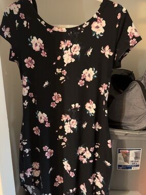 Black Floral Short Sleeve Dress with Pink Blooms